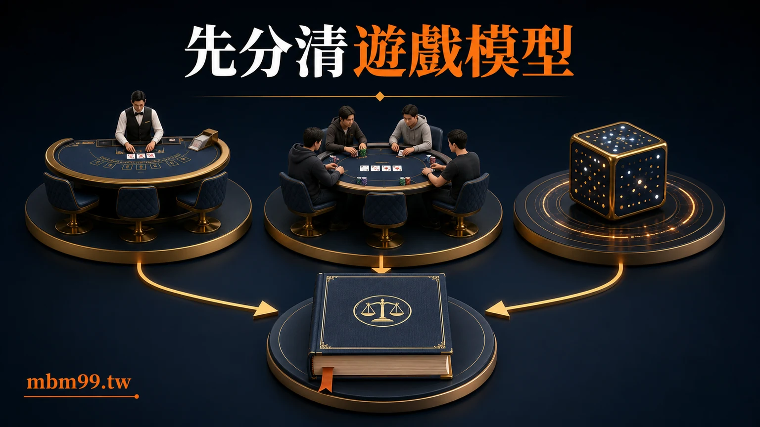 棋牌對莊、玩家對玩家與隨機結果三種遊戲模型示意圖